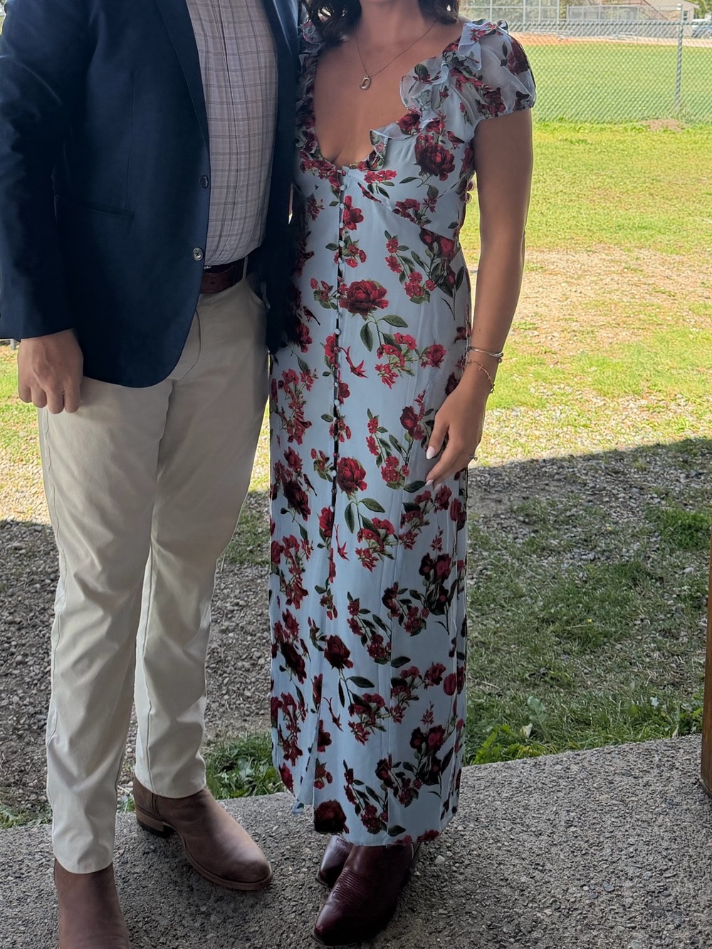 Alice + Olivia Light Blue Midi Dress with Red Floral Print